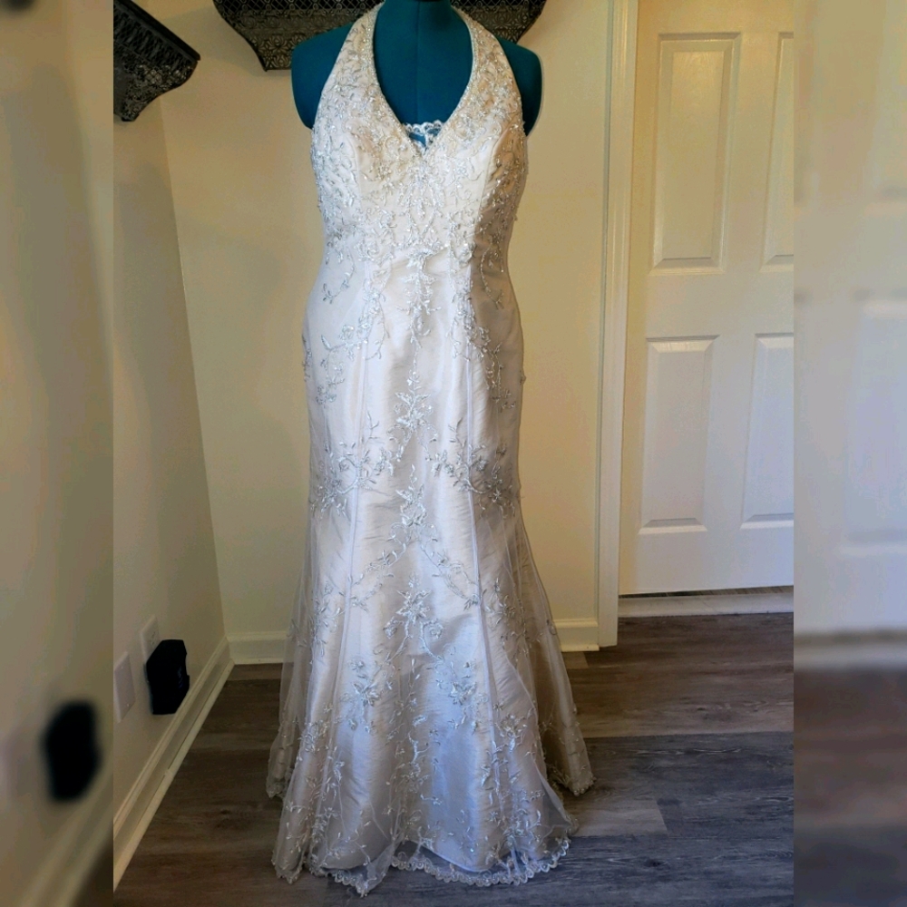 Champagne beaded tule chiffon halter wedding gown